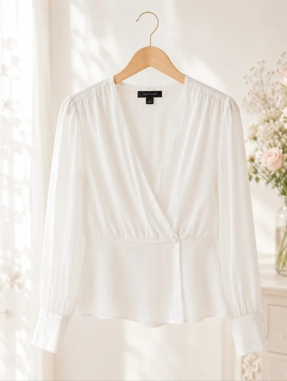 Ivory Wrap Blouse | Romantic Feminine Sheer Sleeve Top - Picture 4 of 7